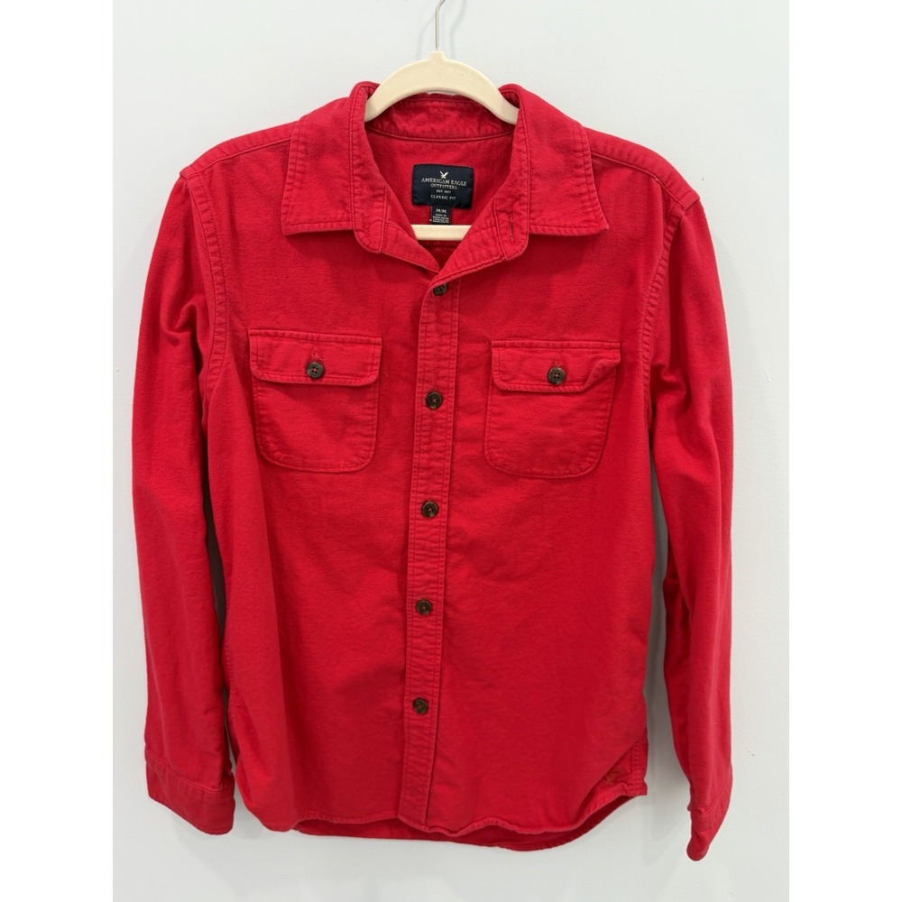 American Eagle Men's Classic Fit Red Cotton Button Up Shirt Utility Pockets M